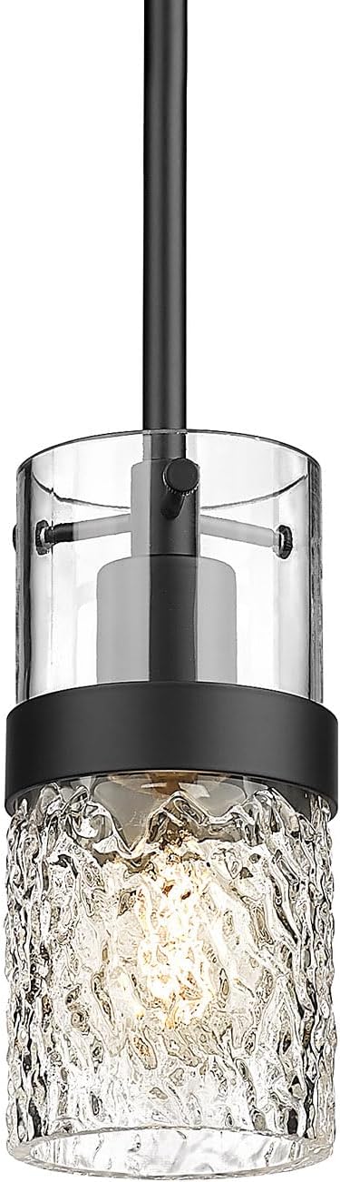 LMS Glass Pendant Lights Kitchen Island, 1-Light Modern Black Pendant Light with Hammered Glass and Rods, Mini Hanging Lighting for Kitchen Island Sink Bathroom Bedroom, LMS-172