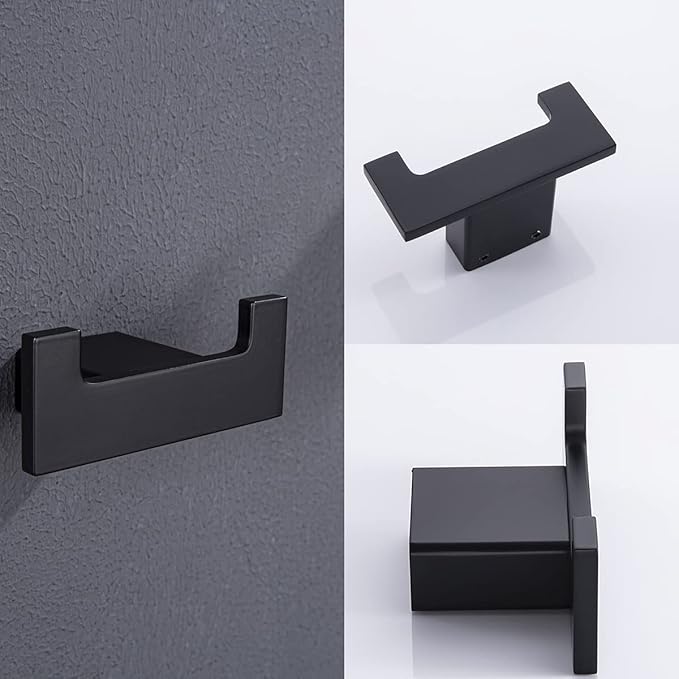 RANDOM Black Double Towel Hook SUS304 Stainless Steel Towel Hooks for Bathroom Wall Mounted Coat Hooks Heavy Duty Wall Hook Square Hand Towel Holder Matte Black Robe Hook.96009-8MB-2