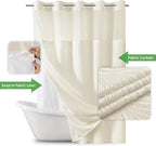 no Hook Shower Curtain and Liner Set，Boho Style with See Through Top Window, Cream Fabric Tufted Striped Textured Outer Curtain & Waterproof Inner Liner, Beige/Cream, 71Wx77H