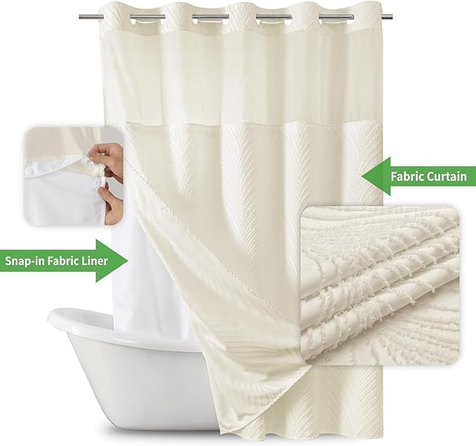 no Hook Shower Curtain and Liner Set，Boho Style with See Through Top Window, Cream Fabric Tufted Striped Textured Outer Curtain & Waterproof Inner Liner, Beige/Cream, 71Wx77H