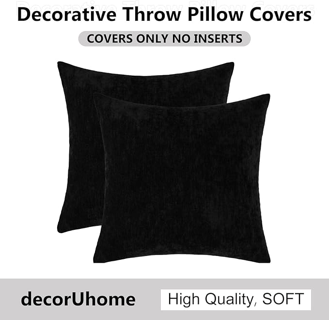 decorUhome Chenille Black Throw Pillow Covers 26x26 Inch Set of 2, Decorative Soft Couch Pillow Covers Solid Dyed Accent Velvet Farmhouse Neutral Square Pillow Cases for Sofa Bed Living Room