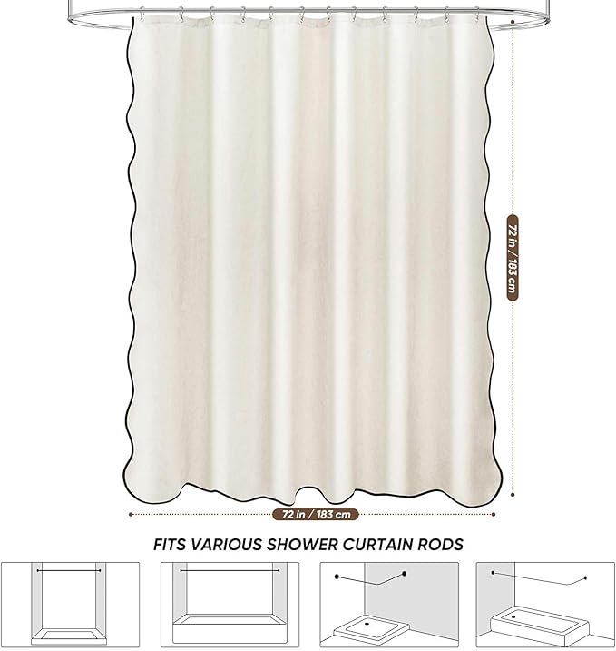 Scalloped Shower Curtain Linen Textured with 12 Metal Hooks Cute Modern Style, Washable Waterproof Cloth Shower Curtains with Black Border for Bathroom Decor Hotel Bathtub, Beige/Cream, 72x72