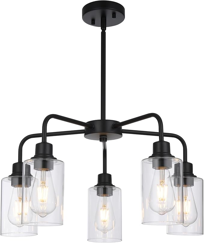 5-Light Modern Black Chandelier with Clear Glass Shades, E26 Base Farmhouse Pendant Light Fixture, Adjustable Swivel Heads Ceiling Lighting, Industrial Chandelier for Dining Room Kitchen Hallway