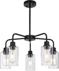 5-Light Modern Black Chandelier with Clear Glass Shades, E26 Base Farmhouse Pendant Light Fixture, Adjustable Swivel Heads Ceiling Lighting, Industrial Chandelier for Dining Room Kitchen Hallway
