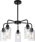 5-Light Modern Black Chandelier with Clear Glass Shades, E26 Base Farmhouse Pendant Light Fixture, Adjustable Swivel Heads Ceiling Lighting, Industrial Chandelier for Dining Room Kitchen Hallway