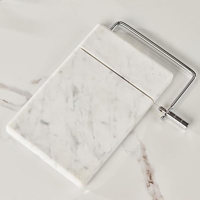 White Marble Cheese Board with Stainless Steel Slicer - Unique Grey Veining and Grooved Design White Marble Cheese Board, Cheese Cutting Serveware For Kitchen, 9.75" W x 8.5" D x 0.75" H