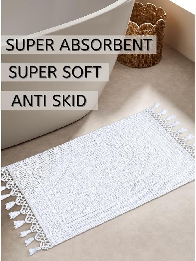 Savi Home Cotton Woven Jacquard Bathroom Rug, 17"x30" Non-Slip Bath Mat with Woven Fringe, 100% Cotton, Durable and Absorbent, White