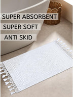 Savi Home Cotton Woven Jacquard Bathroom Rug Set of 2, Woven Fringe Bathroom Mats, 100% Cotton, Non - Slip Bath Mat, Durable Thick Bath Mat 17”x30”& 20"x38" with Fringes, White