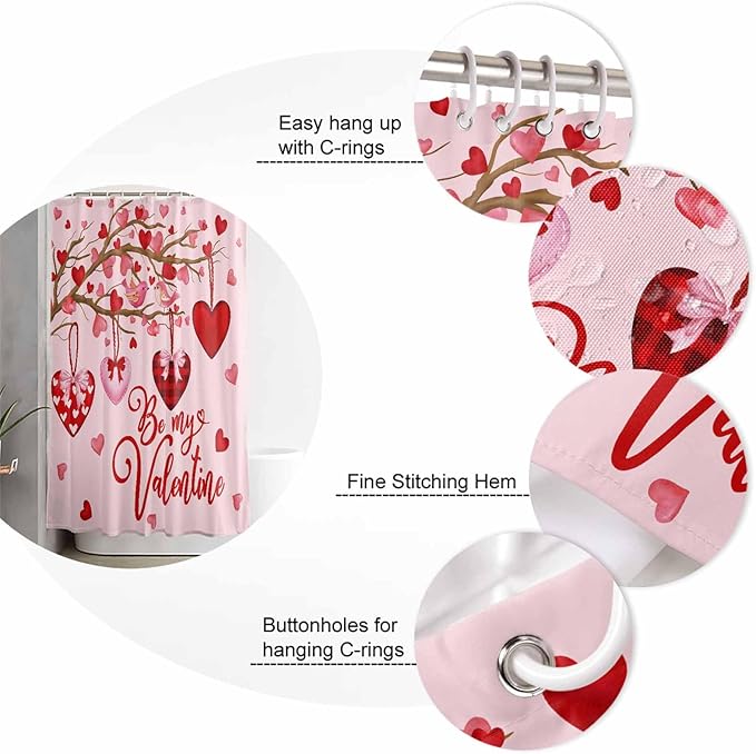 Vandarllin Pink Shower Curtain, Red Love Heart Tree Shower Curtains Set with Hooks, Be My Valentine Waterproof Fabric Bathroom Curtains Decor Home Accessories, Stall Long 36 X 78 Inch