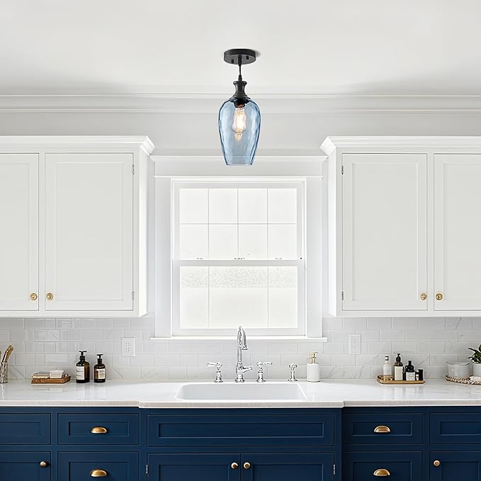 Glass Pendant Lights Kitchen Island, 1-Light Blue Pendant Light Fixtures with Hammered Glass, Modern Farmhouse Hanging Light for Kitchen Sink Dining Room Bedroom, E26