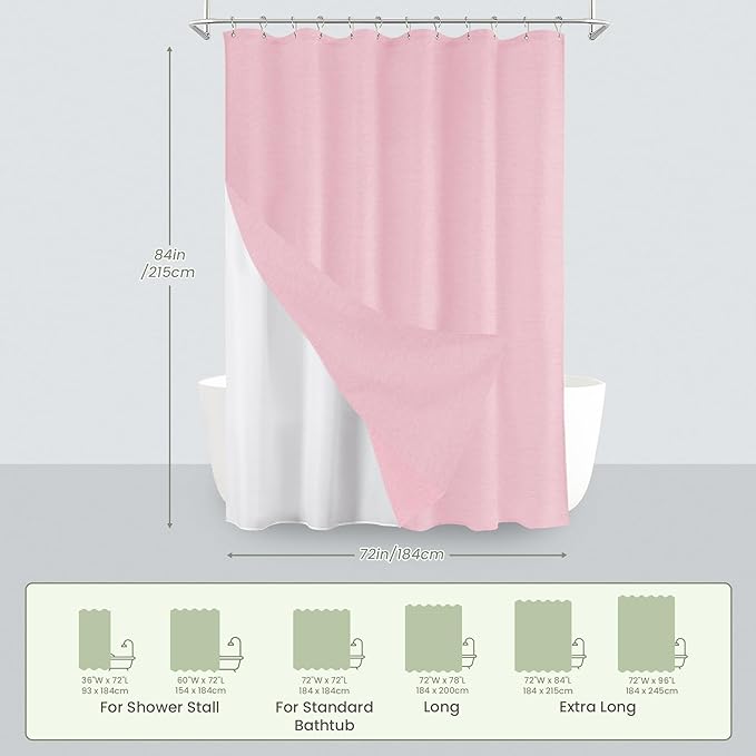 Inhousolu Boho Farmhouse Shower Curtain with Fabric Liner Set, Faux Linen Textured, 14 Metal Hooks Luxury Weighted Hem, Washable Wrinkle Free Bath Curtain for Hotel Bathroom 72" W x 84" L Pink
