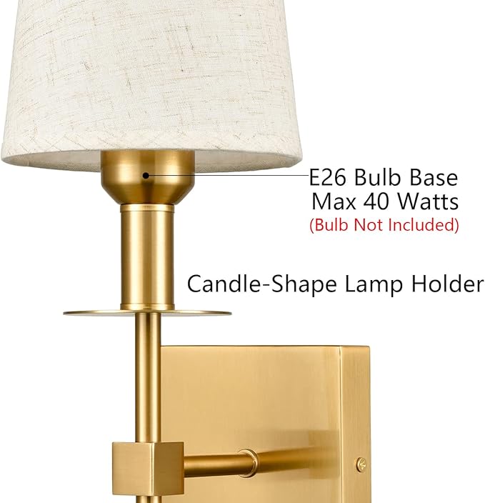 Gold Wall Sconces Set of Two Plug in Sconce Light Modern Brass Sconces Wall Lighting with Fabric Shade Wall Lamps for Bedroom Hallway Bathroom Living Room