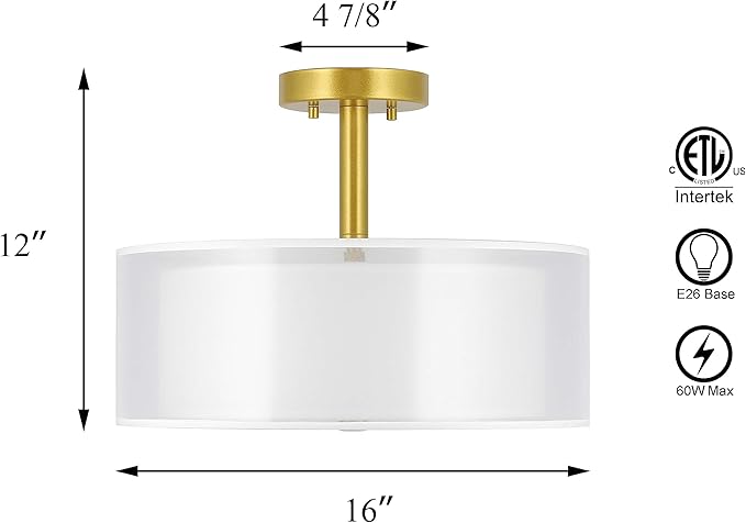 XiNBEi Lighting Drum Semi Flush Mount Ceiling Light, 3 Light Semi Flush Light, 16" Close to Ceiling Light with Fabric Shade Gold Brass Finish for Living Room & Bedroom XB-SF1194-GB