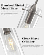 Glass Pendant Lights Kitchen Island 2 Packs, Brushed Nickel Pendant Light, Modern Clear Glass Pendant Light Fixture, Hanging Pendant Lights for Kitchen Island Dining Room Hallway