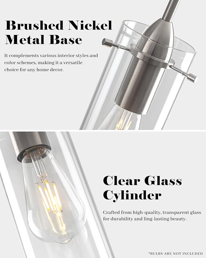 Glass Pendant Lights Kitchen Island 3 Packs, Brushed Nickel Kitchen Pendant Light, Modern Clear Glass Pendant Light Fixture, Hanging Pendant Lights for Kitchen Island Dining Room Hallway