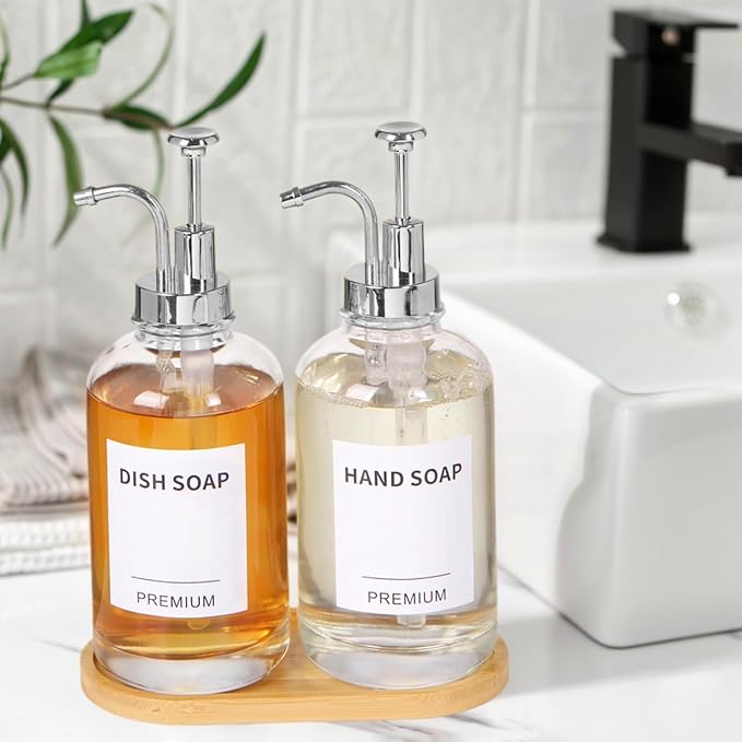 Dish Soap Dispenser for Kitchen, Hand Glass Soap Dispenser Set with Pump, Tray, Funnel for Bathroom, Shower, Laundry, Liquid, Lotion (Silver 2 Pack 18 Oz Clear Bottles with 12 Stickers)