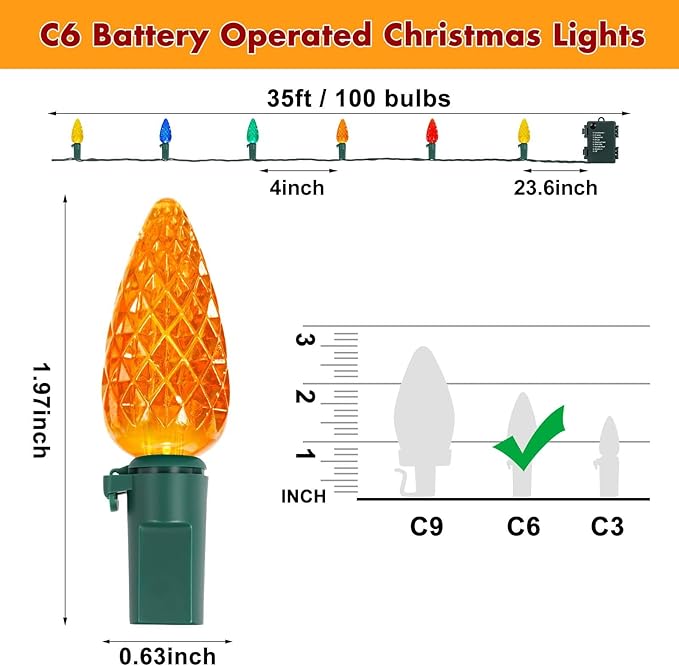 Brightever C6 Battery Operated Christmas Lights, 35FT 100LED Christmas String Lights with Timer & 8 Lighting Modes, Waterproof Strawberry Xmas Tree Light for Indoor Outdoor Decor, Multicolor, 1-Pack