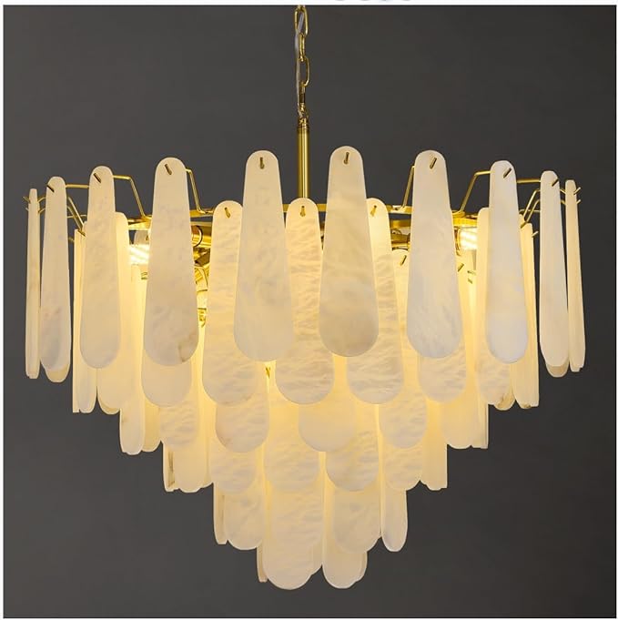 Alabaster Round Chandelier, 32 In 92 PCS Natural Spanish Marble Stone Texture Chandelier, 6-Tiers Modern Luxury Brass Chandeliers for Dining Room, Living Room, Bedroom, Entryway, Foyer(Bulbs Included)