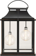 Modern Farmhouse Lanterns, Black Plastic Clear Glass Shade Lanterns Decor –3AA Battery Powered, with 2 G100 LED Vintage Bulbs & Timer(6/18),Ideal for Porch, Patio, Indoor Tables & Mantelpiece.