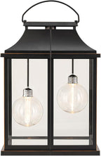 Modern Farmhouse Lanterns, Black Plastic Clear Glass Shade Lanterns Decor –3AA Battery Powered, with 2 G100 LED Vintage Bulbs & Timer(6/18),Ideal for Porch, Patio, Indoor Tables & Mantelpiece.