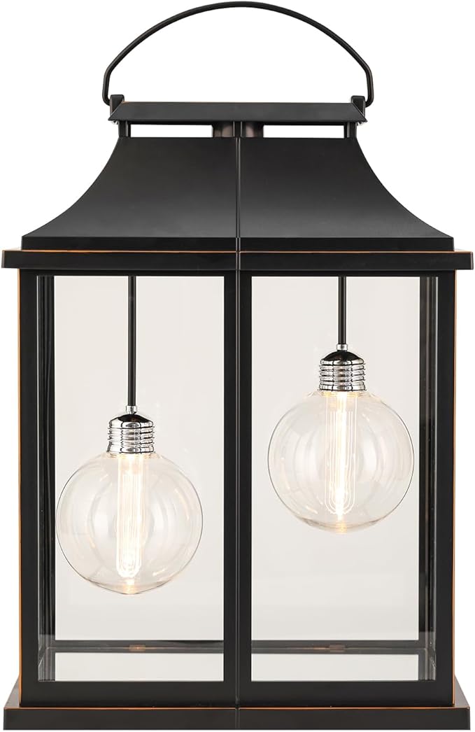 Modern Farmhouse Lanterns, Black Plastic Clear Glass Shade Lanterns Decor –3AA Battery Powered, with 2 G100 LED Vintage Bulbs & Timer(6/18),Ideal for Porch, Patio, Indoor Tables & Mantelpiece.