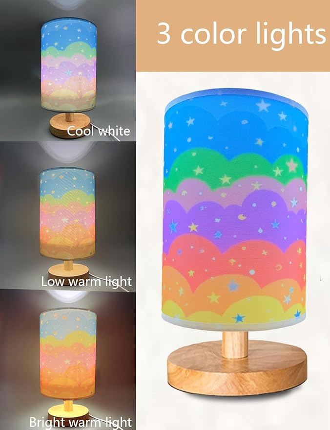 Kids Table Lamp for Bedroom, Rainbow Lamp, 3 Level Dimmable Wood Nightstand Desk Base Flaxen Fabric Shade for Bedroom Living Room,Rainbow Lamp Gifts for Girls (Colorful)