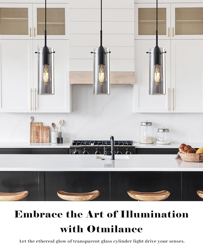 Smoke Gray Glass Pendant Light, Kitchen Pendant Lights 1 Pack, Kitchen Pendant Lighting Over Island, Modern Clear Hanging Pendant Light for Kitchen Island, Bedroom, Living Room, Bathroom
