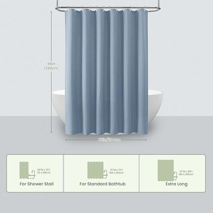 Inhousolu Fabric Shower Curtain Waffle Weave, Fog Blue 230 GSM Heavy Duty, Weighted Hem, 14 Metal Hooks, Water Repellent, Machine Washable, Hotel Spa Luxury Bath Curtain Set, 72 x 96 Inch