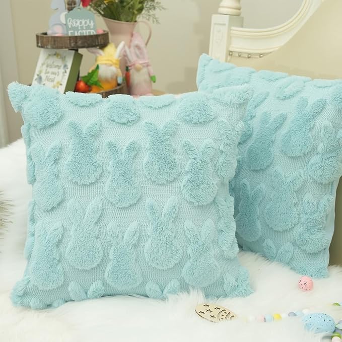 GEEORY Easter Bunny Soft Plush Pillow Covers, 16 x 16 Inch Set of 2, Fluffy Faux Fur Wool Decorative Farmhouse Cushion Case for Sofa Home Decoration Blue GC014-16