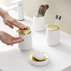 White and Gold Bathroom Accessories 4 Piece Set Luxury Matte Plastic Soap Dispenser Toothbrush Holder Cup Soap Dish for Modern Bathroom Deco
