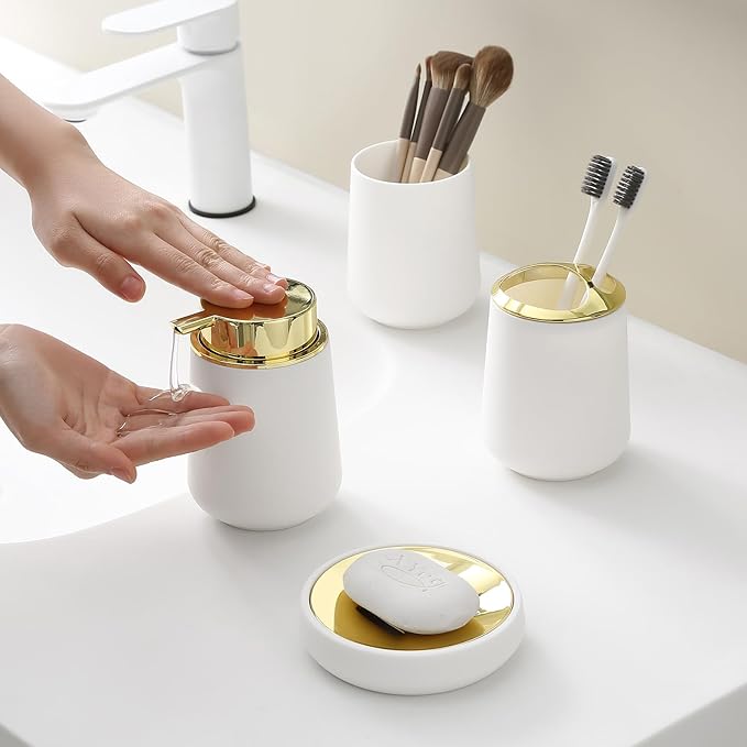 White and Gold Bathroom Accessories 4 Piece Set Luxury Matte Plastic Soap Dispenser Toothbrush Holder Cup Soap Dish for Modern Bathroom Deco