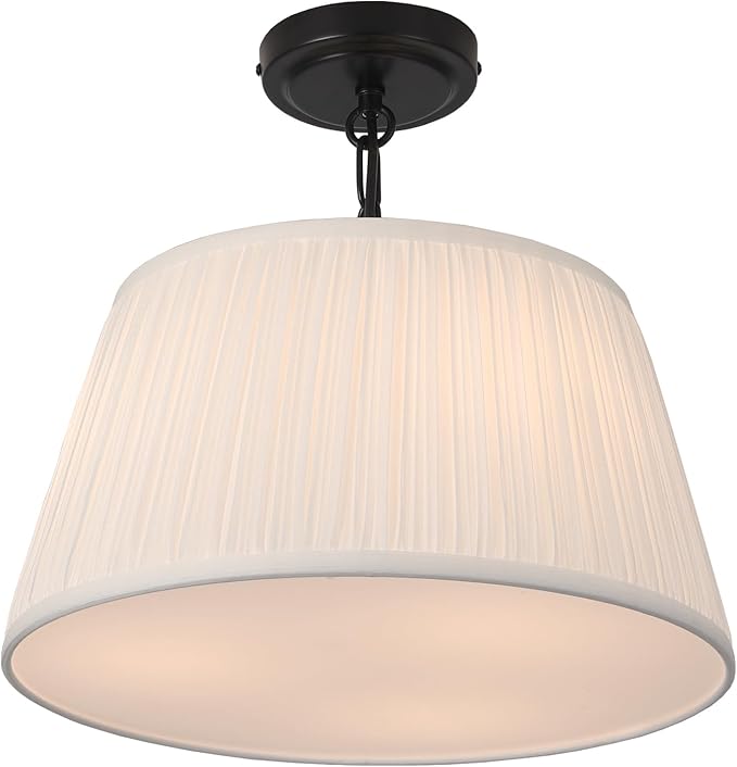 Electro bp; 15”Dia White Pleated Drum Shade Close to Ceiling Light Fixture Modern Classic Brocade Fabric Cone Shape Semi-Flush Mount,Matte Black Painted,3 Sockets,E26,180W,Large;