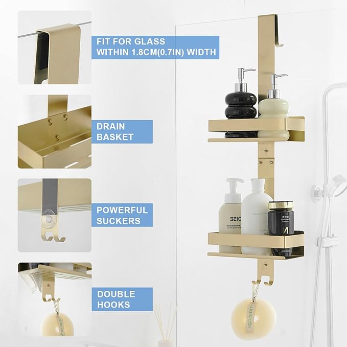 Gold Shower Caddy Over Shower Door - 2 Tier Hanging Shower Caddy Organizer No Drilling, Shower Storage Shelf for Indoor Shower, Bathroom, Bedroom, Kitchen