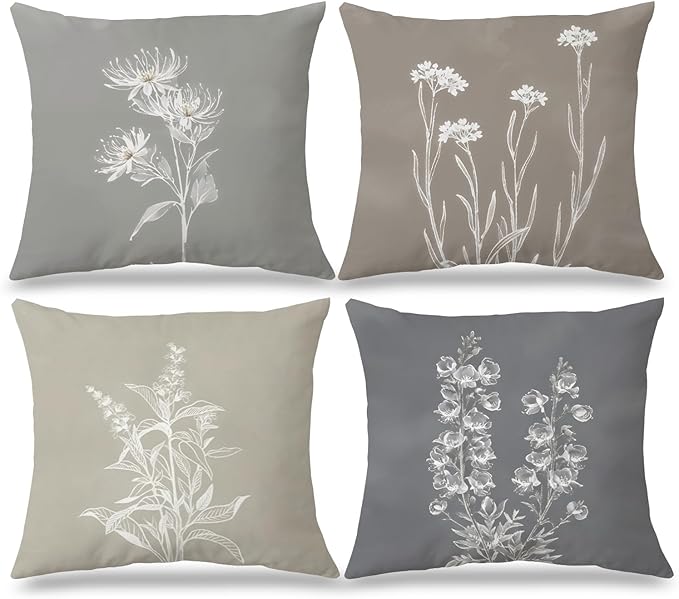 JINYO Boho Neutral Floral Pillow Covers 18x18 Set of 4, Minimalist Elegant Rustic Flower Botanical Decorative Throw Pillow Covers for Living Room Bedroom Home, Floral Flower Room Decor