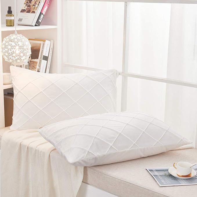 JAUXIO Diamond Pinch Pleated Crystal Velvet Pillowcases 2 Pack Solid Pintuck Throw Cushion Cover for Home Decor Hidden Zipper Closure (White, Standard)
