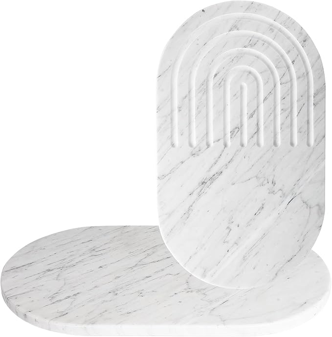 16.5"x9.8" Dual-Sided White Marble Cutting Board for Kitchen - Oval Stone Chopping Board with Anti-Slip Silicone Feet