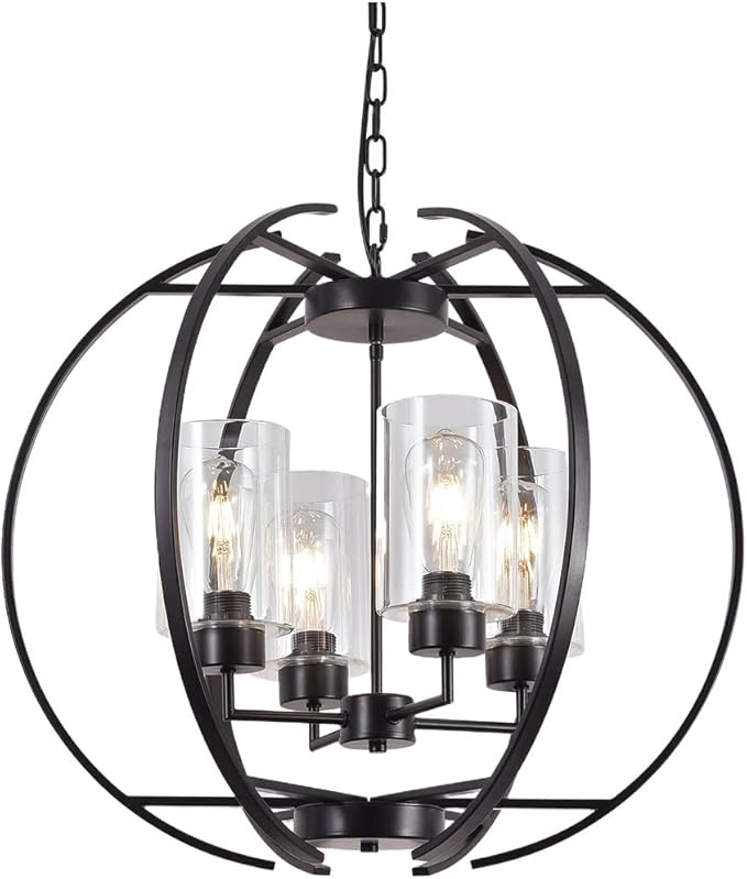 Farmhouse Black Chandelier Globe 24" Pendant Lighting with Clear Glass Shade Hanging Ceiling Light Fixture for Dining Room Living Room Foyer Kitchen Island