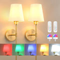 Fabric Wall Sconce Battery Operated Set of 2, Rechargeable Wall Lights with 5000mAh RGB Dimmable Bulb, 12 Colors Wall Sconces for Bedroom Living Room, Gold