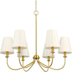 Gold Chandelier, Brushed Brass with Beige Fabric Shade, 6-Light 28" Modern Farmhouse Linear Pendant Lighting Fixture for Kitchen Island