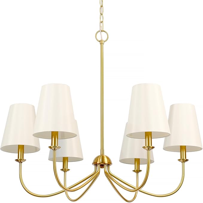 Gold Chandelier, Brushed Brass with Beige Fabric Shade, 6-Light 28" Modern Farmhouse Linear Pendant Lighting Fixture for Kitchen Island