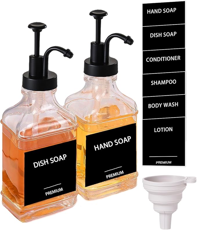 Dish Soap Dispenser for Kitchen, Hand Glass Soap Dispenser Set with Pump, Funnel for Bathroom, Shower, Laundry, Liquid, Lotion (Black 2 Pack 18 Oz Clear Bottles with 12 Stickers)