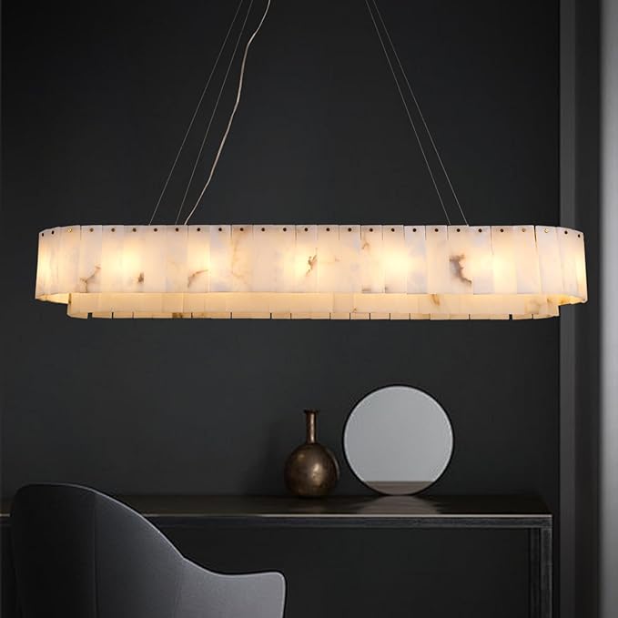 L54in Alabaster Chandelier for Dining Room, Rectangular Modern Chandelier, Spanish Natural Marble Chandeliers, 2-Tiers Pendant Lights Kitchen Island, Chandelier for Living Room, For Foyer, Entryway