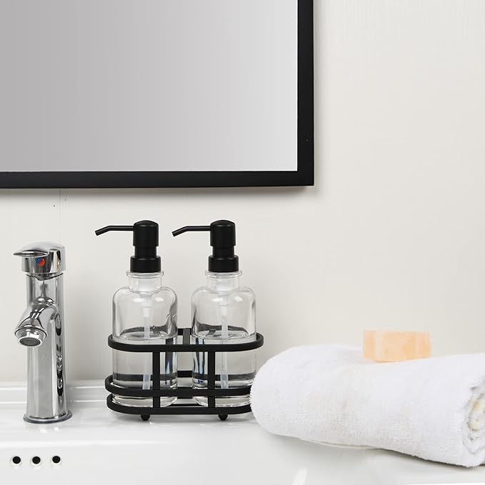 3 Piece Round Heavy Weight Glass Soap Lotion Pump Dispenser Set with Metal Caddy for Home Bath Kitchen Travel Office Hand Crafted Metal Tray Oil Rubbed Bronze
