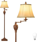 Traditional LED Floor Lamp with 350° Adjustable Swing Arm Lamp – Vintage Standing Pole lamp for Living Room, Bedroom and Office – Rustic Upright Floor Light for Home Décor with Faux Silk Fabric Shade