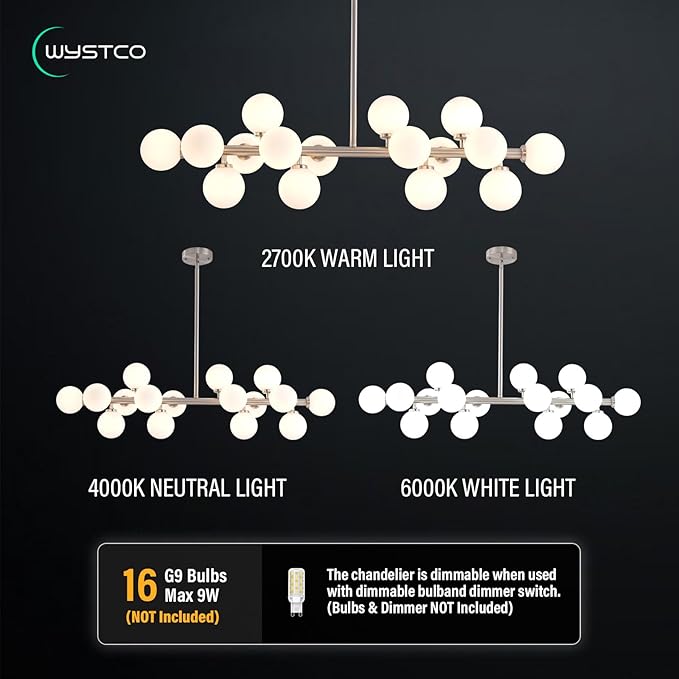 16-Light Globe Sputnik Chandelier, Mid Century Modern Light Fixture Over Table, Nickel Linear Chandeliers for Dining Room and Kitchen Island (Milk White Glass Bubble Shades, 40 Inch)