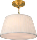 Electro bp; 12.6”Dia White Pleated Fabric Drum Shade Ceiling Light Fixture Farmhouse Brocade Linen Cone Shape Close to Semi-Flush Mount,Polished Gold,2 Sockets,E26,120W;