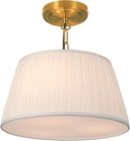 Electro bp; 12.6”Dia White Pleated Fabric Drum Shade Ceiling Light Fixture Farmhouse Brocade Linen Cone Shape Close to Semi-Flush Mount,Polished Gold,2 Sockets,E26,120W;