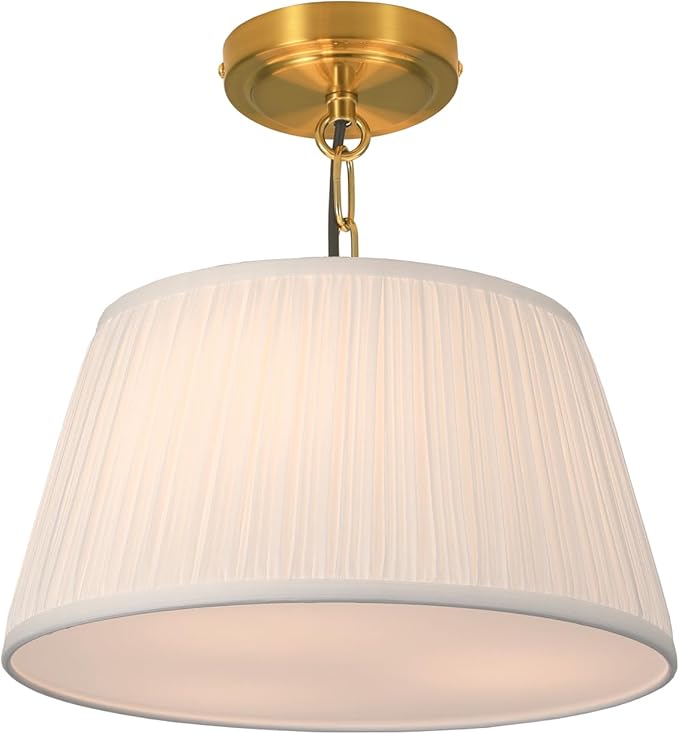 Electro bp; 12.6”Dia White Pleated Fabric Drum Shade Ceiling Light Fixture Farmhouse Brocade Linen Cone Shape Close to Semi-Flush Mount,Polished Gold,2 Sockets,E26,120W;