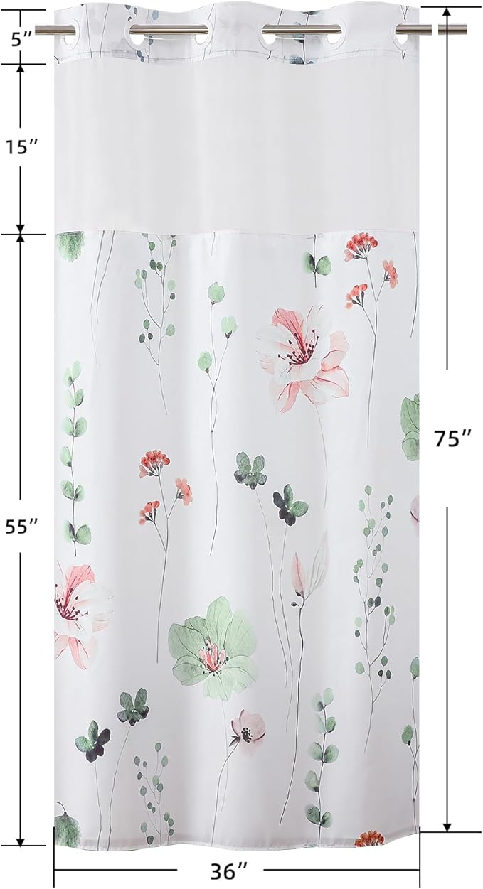 QiyI Stall Floral Shower Curtain with Snap in Liner, Sage Green and Pink Watercolor Cloth Bath Curtains, No Hook Shower Curtains with Mesh Window, Fabric Waterproof Bathroom Curtain Set, 36 x 75 Inch
