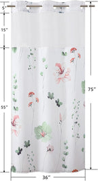 QiyI Stall Floral Shower Curtain with Snap in Liner, Sage Green and Pink Watercolor Cloth Bath Curtains, No Hook Shower Curtains with Mesh Window, Fabric Waterproof Bathroom Curtain Set, 36 x 75 Inch